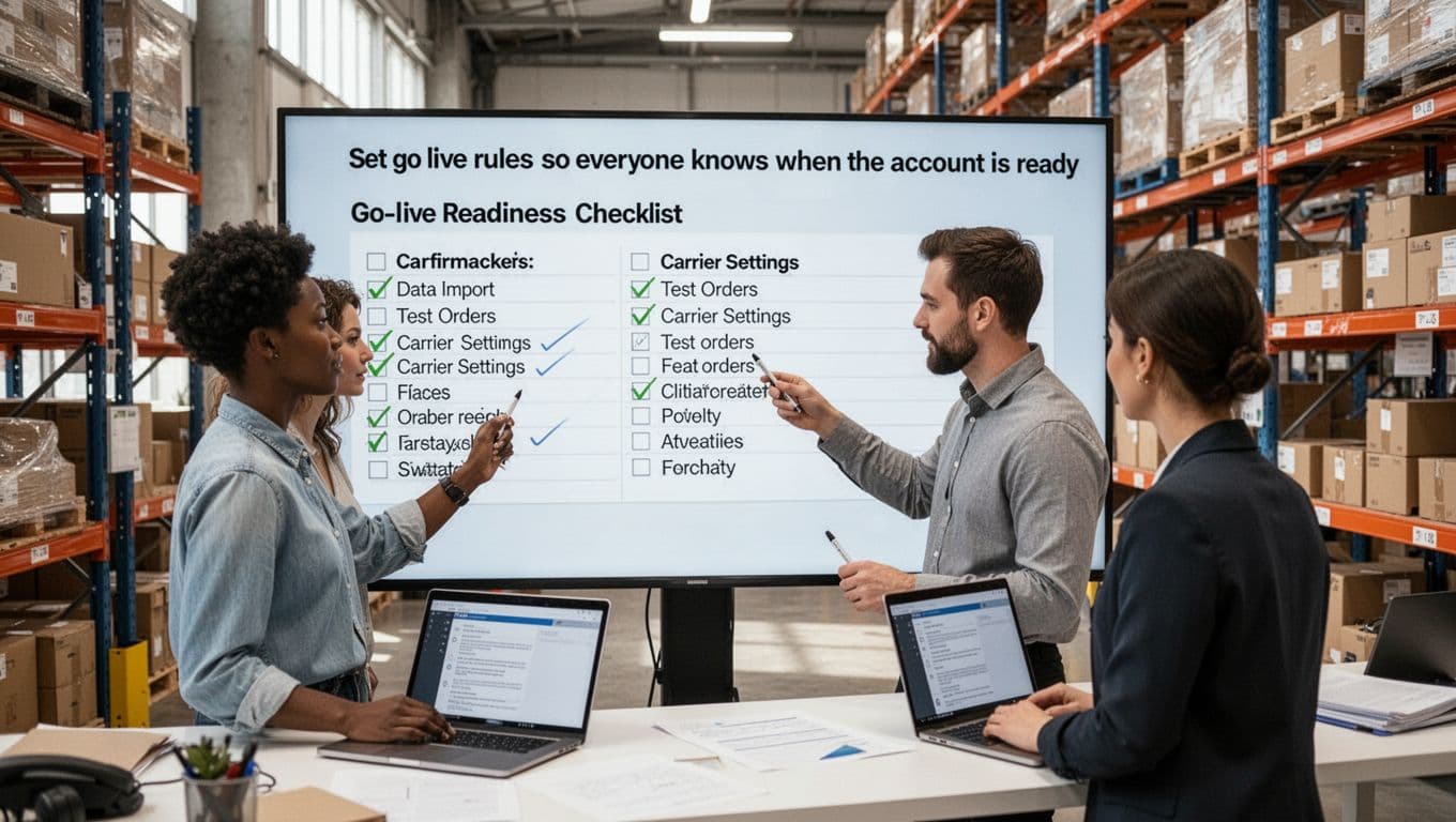 A small operations team of exactly two people in a modern warehouse office reviews and confirms a go-live readiness checklist on a large shared screen, marking items like data import, test orders, and carrier settings, with a laptop nearby in a bright, professional setting.