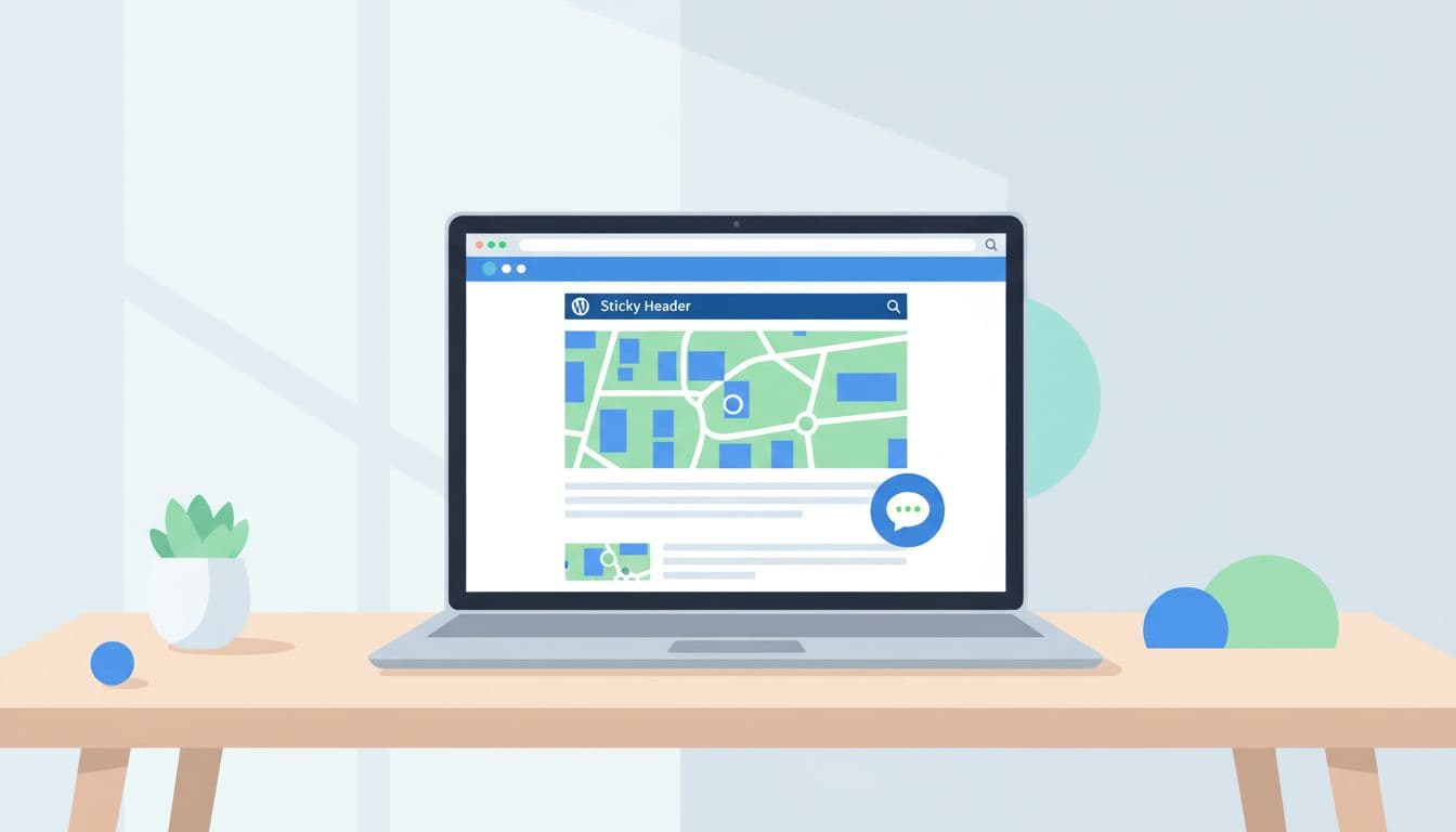 Modern flat illustration depicting a WordPress laptop screen with optimized service site elements like sticky header, Google Maps embed, and chat widget on a stable layout, clean desk with soft lighting and vibrant blues and greens.