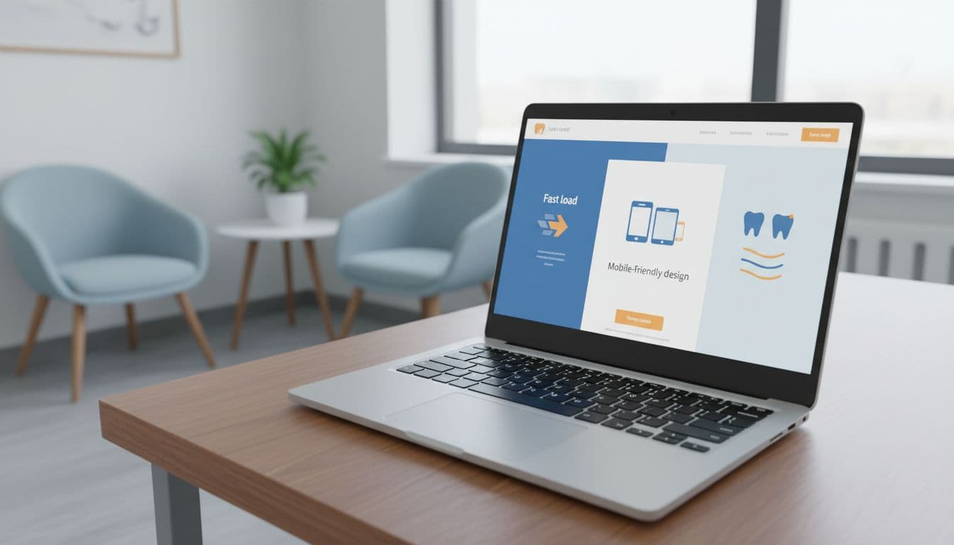 Modern wireframe of a fast-loading, mobile-friendly landing page for dental services on a laptop screen, set against a cozy clinic waiting room background with angled device composition in blue, white, and orange tones.