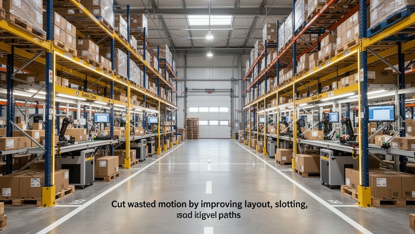 Modern warehouse interior with forward pick area featuring ergonomic golden zone shelves stocked with fast-moving boxes near packing stations, reserve pallet racking in background, wide clean aisles with floor markings, realistic natural daylight photo.