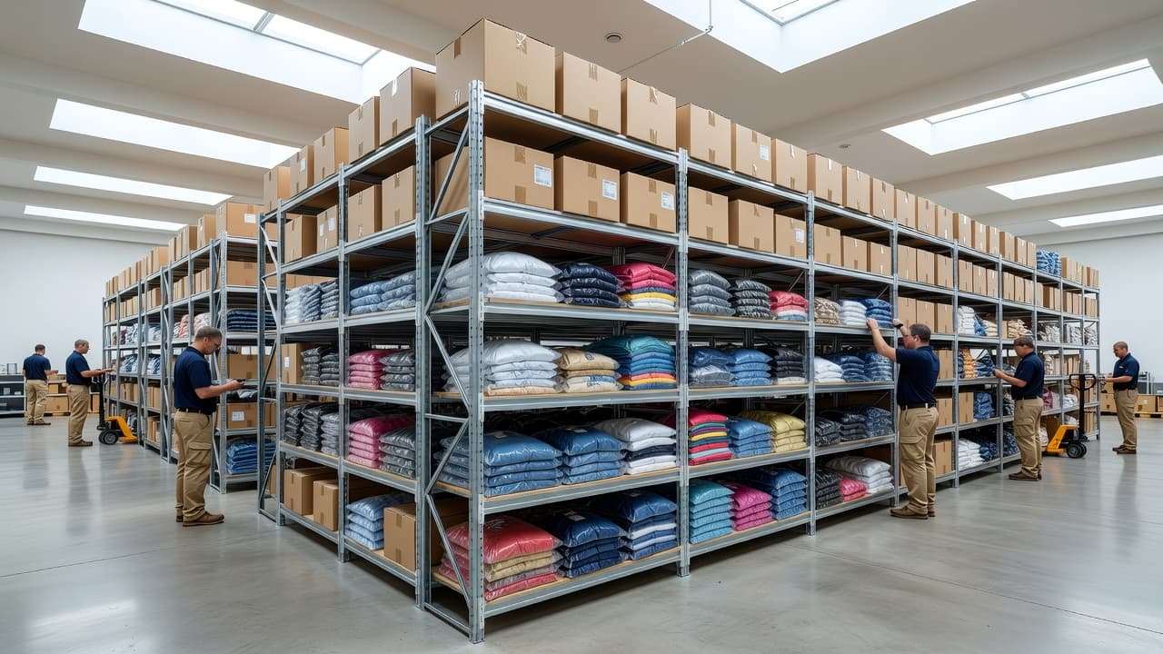 Rows of tall industrial shelving hold organized stacks of packaged clothing inside a bright, spacious facility. Workers process inventory in the background while sunlight fills the clean and efficient distribution floor.