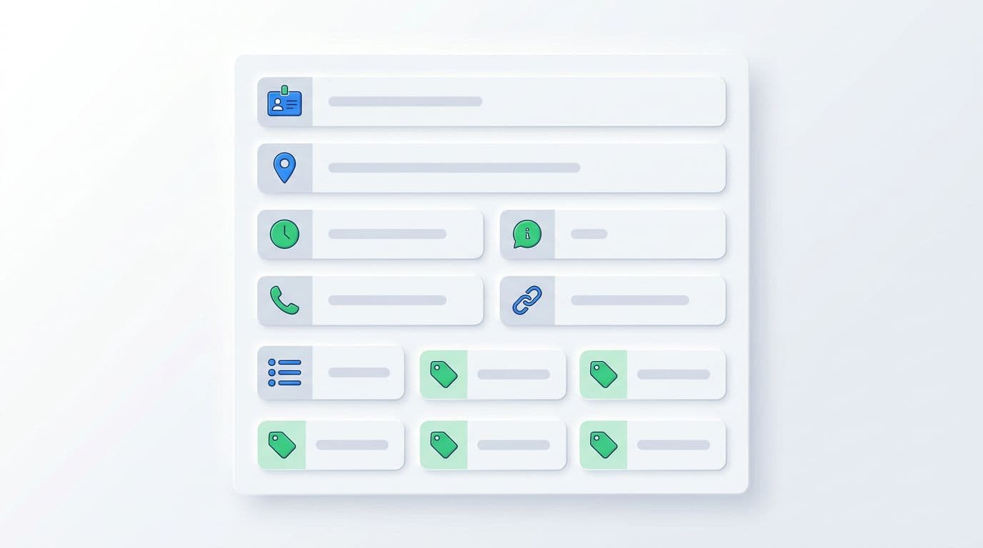 Clean modern illustration of an organized business profile dashboard with icons for name badge, address pin, clock hours, phone, website link, service list, and category tags neatly arranged on a complete info panel. Features subtle flat UI elements with slight 3D depth in a bright professional palette of white, light gray, blue, and green accents.