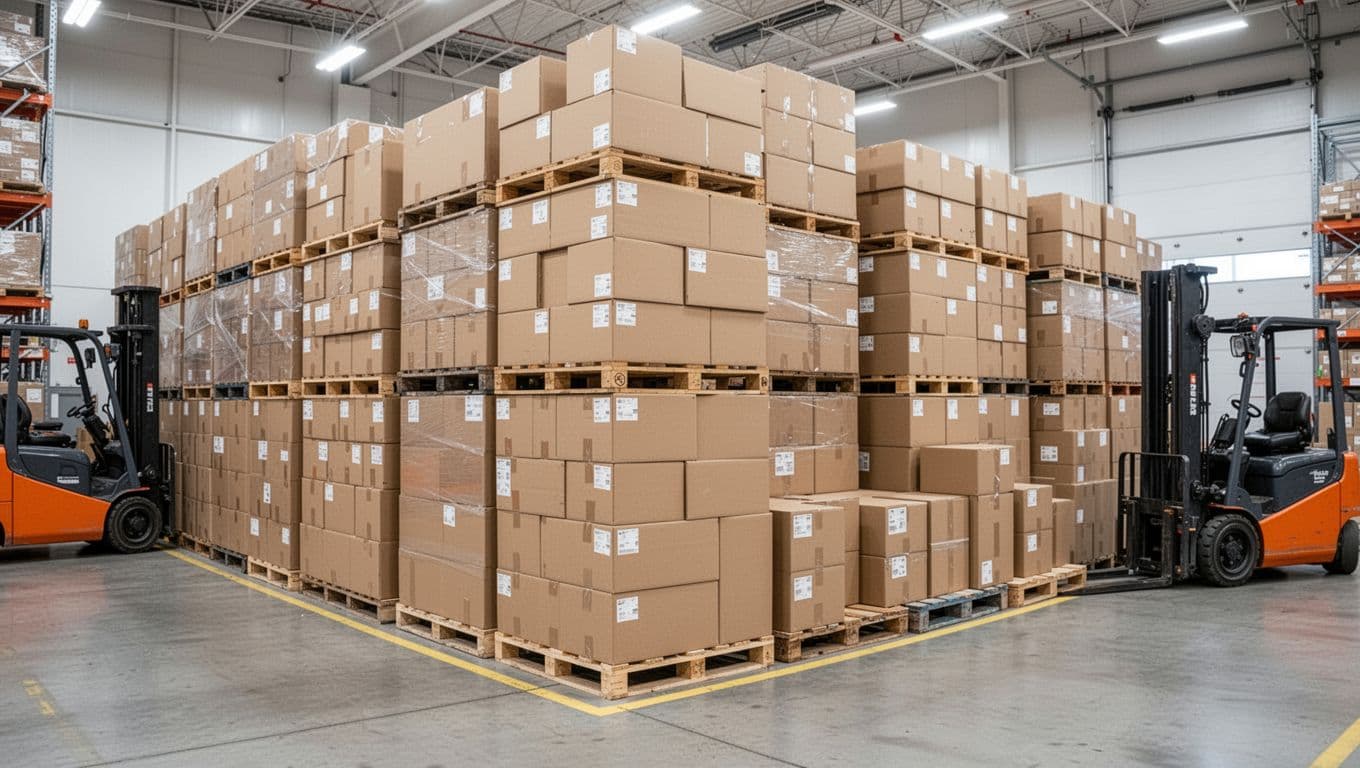 Photorealistic image of neat rows of standardized cardboard boxes stacked on pallets in a clean shipping area with forklifts nearby, under bright even lighting, zero people present.