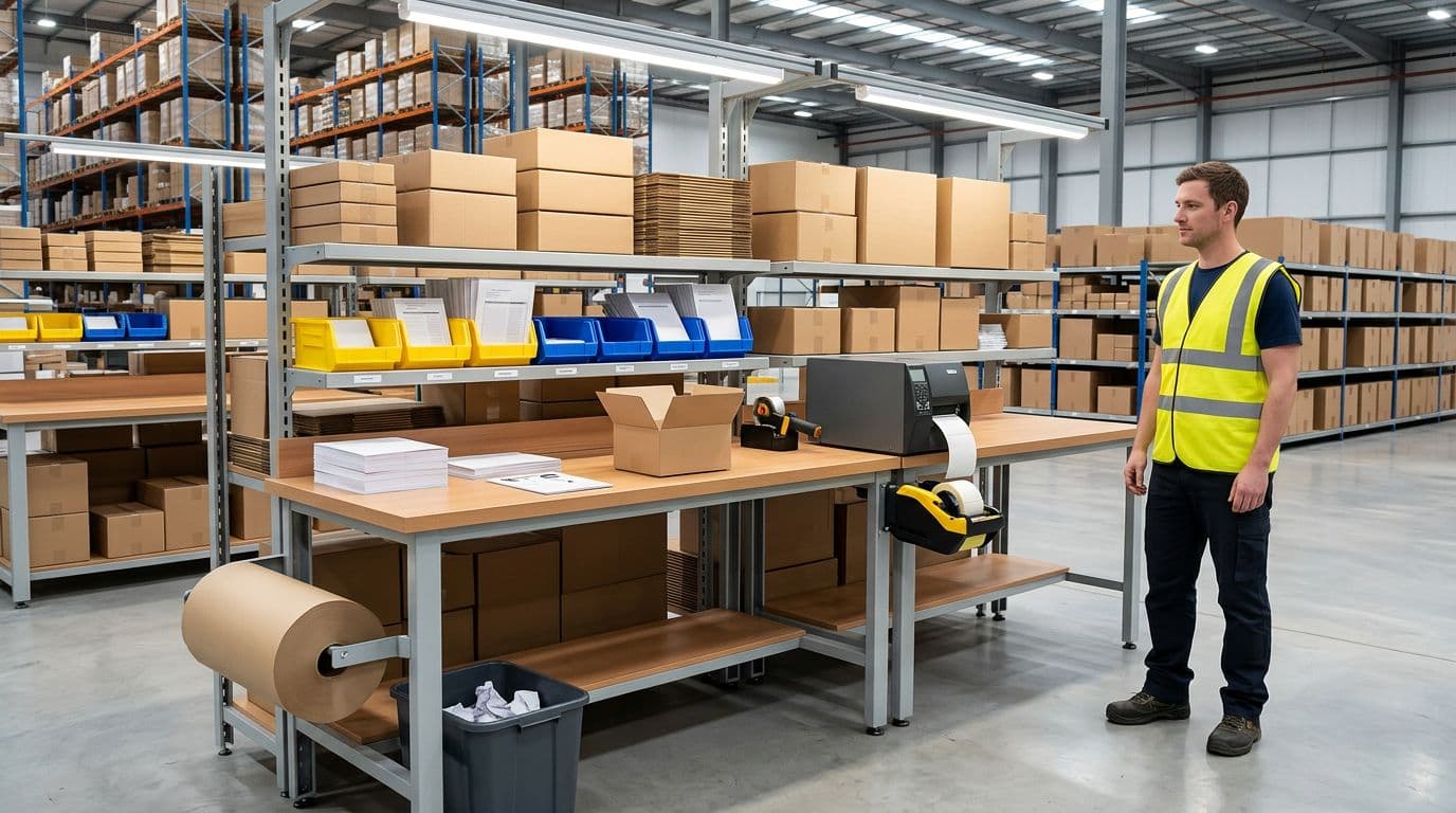 Photorealistic image of an organized warehouse packing station with sturdy table, label printer, tape dispenser, stacked boxes on shelves, bins with inserts, dunnage roll, waste bin, and one worker in yellow safety vest, focused on ergonomics.