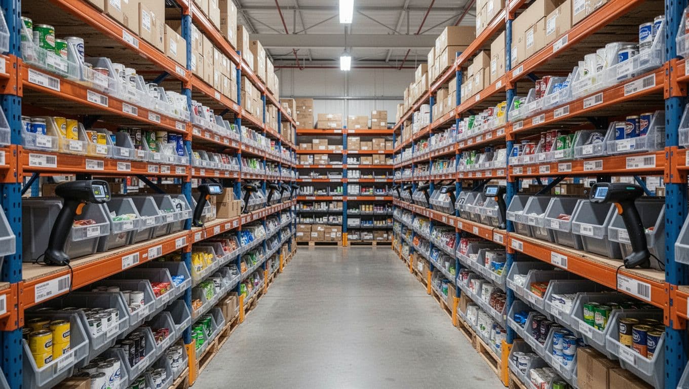 Photorealistic wide landscape view of neatly organized warehouse shelves with products arranged in clear labeled bins and nearby barcode scanners, under bright uniform lighting, no people, text, or logos visible.