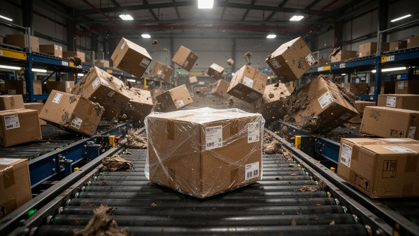 In a gritty industrial parcel sorting facility, an overloaded conveyor belt causes packages to tumble roughly under dramatic overhead lighting, while one sturdy, well-cushioned box remains intact in the foreground.