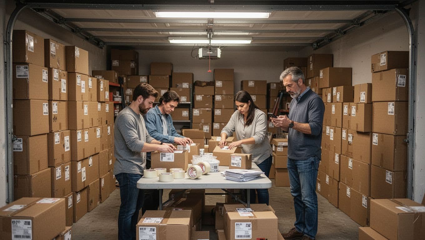 Overloaded garage turned warehouse with high-stacked boxes, two workers in casual clothes packing orders at a cluttered table with tape and labels, stressed business owner checking inventory on phone under fluorescent lights.