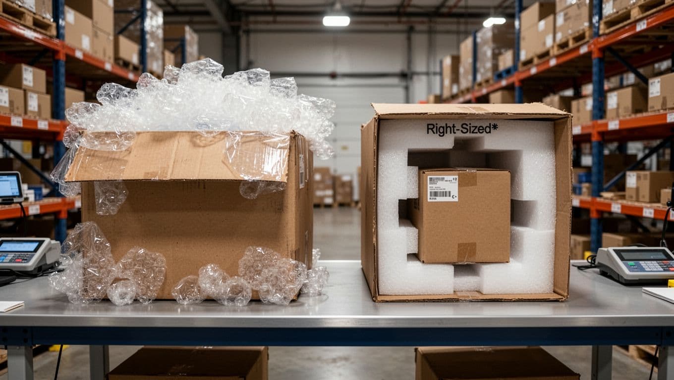 Warehouse packing station displays an oversized box stuffed with excessive filler next to an efficient right-sized box with precise cushioning, on a clean organized workbench under soft industrial lighting in realistic photo style.