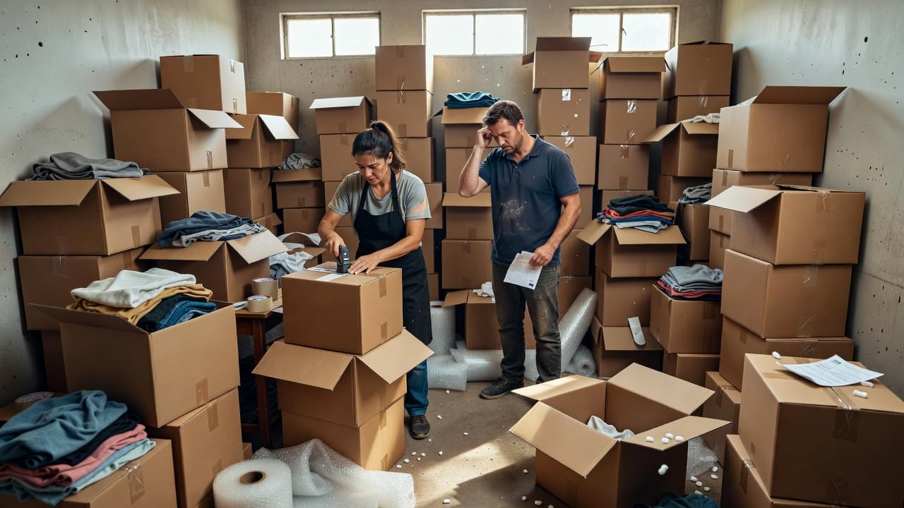 Two workers in a cramped warehouse struggle to organize a chaotic pile of cardboard shipping boxes. The dim space feels cluttered, highlighting the frantic energy of an apparel brand under pressure.