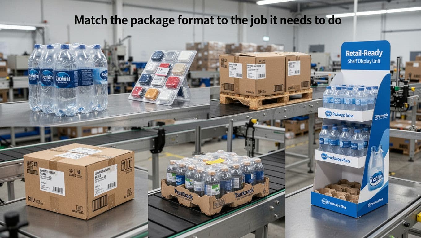 Realistic photo showcasing one example each of shrink-wrapped bottles, blister-packed items, labeled boxes with over-labels, multi-pack trays, retail-ready shelf display unit, and partially assembled POP display stand in a clean production line setting with even lighting.