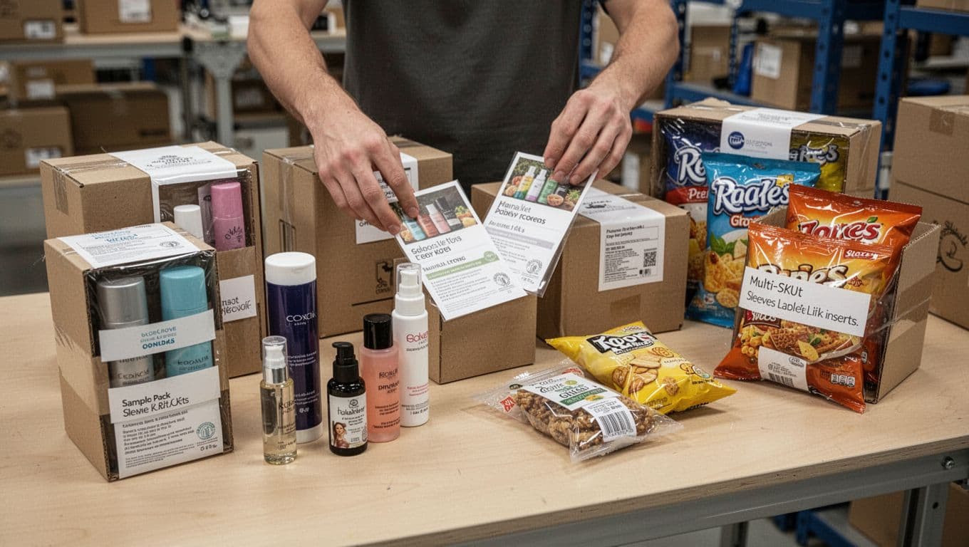 Table in packaging facility showing gift sets promotional bundles sample packs and multi-SKU kits assembled with sleeves labels and inserts around plain boxes with cosmetics snacks bundled neatly exactly two hands placing an insert realistic photo natural lighting landscape no text no logos no extra objects.