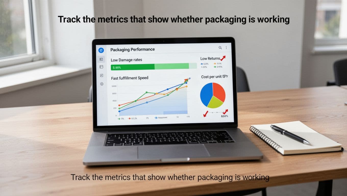 A simple modern laptop on a clean wooden desk displays a dashboard with colorful charts illustrating key packaging performance metrics, including low damage rates, fast fulfillment speed, low returns, and downward cost per unit trend, accompanied by a notepad and pen in natural window lighting.