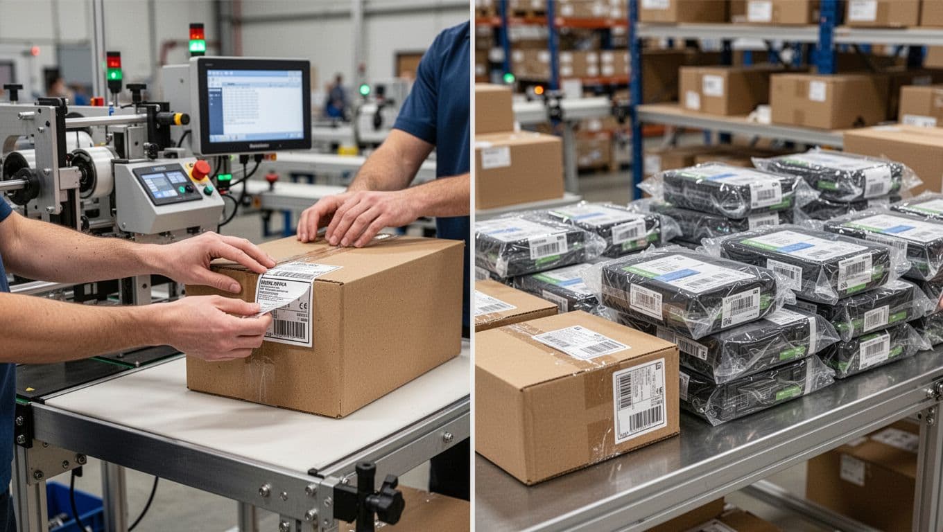 Clean packaging operations facility showing a labeling station with a worker's hands applying a label to a box, adjacent kitting area with neatly assembled product bundles, organized workflow, realistic photo.