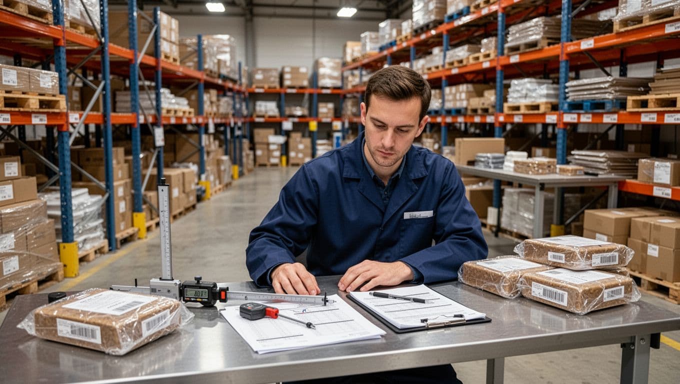 Quality control inspection area inside a packaging warehouse with one inspector at a table examining packaged products using measuring tools and checklists, shelves of organized materials in the background under even lighting.