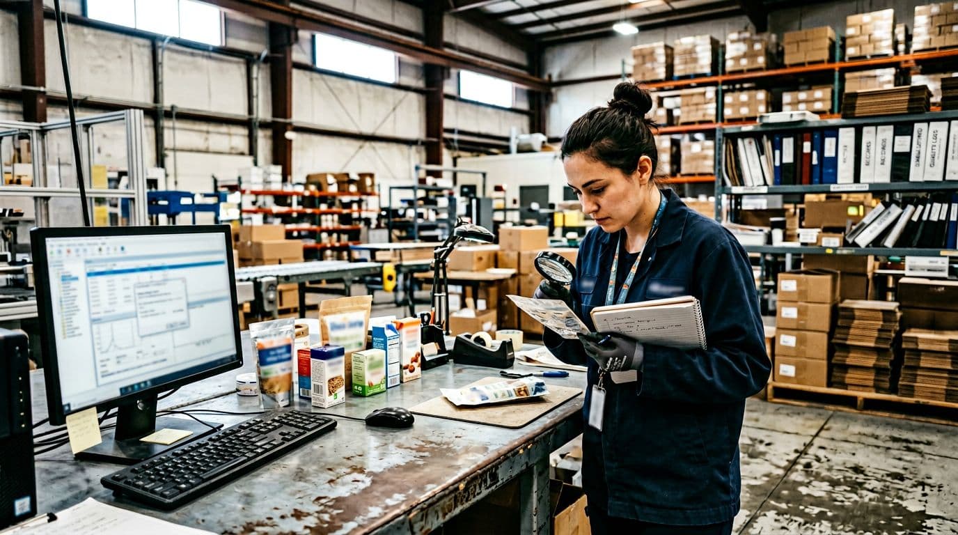 Photorealistic image of a single quality operator at a metal workbench in a high-volume packaging warehouse, examining printed lot codes and timestamps on sample pouches and cartons using a magnifying glass and notepad, with a computer showing blurred traceability software nearby. Natural daylight streams from high windows, illuminating organized shelves of records in the background, with no extra people or readable text.