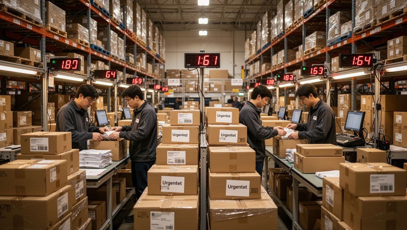Teams of two workers pack urgent orders at stations amid stacks of boxes and timers in an overloaded warehouse under warm lights during peak holiday season.