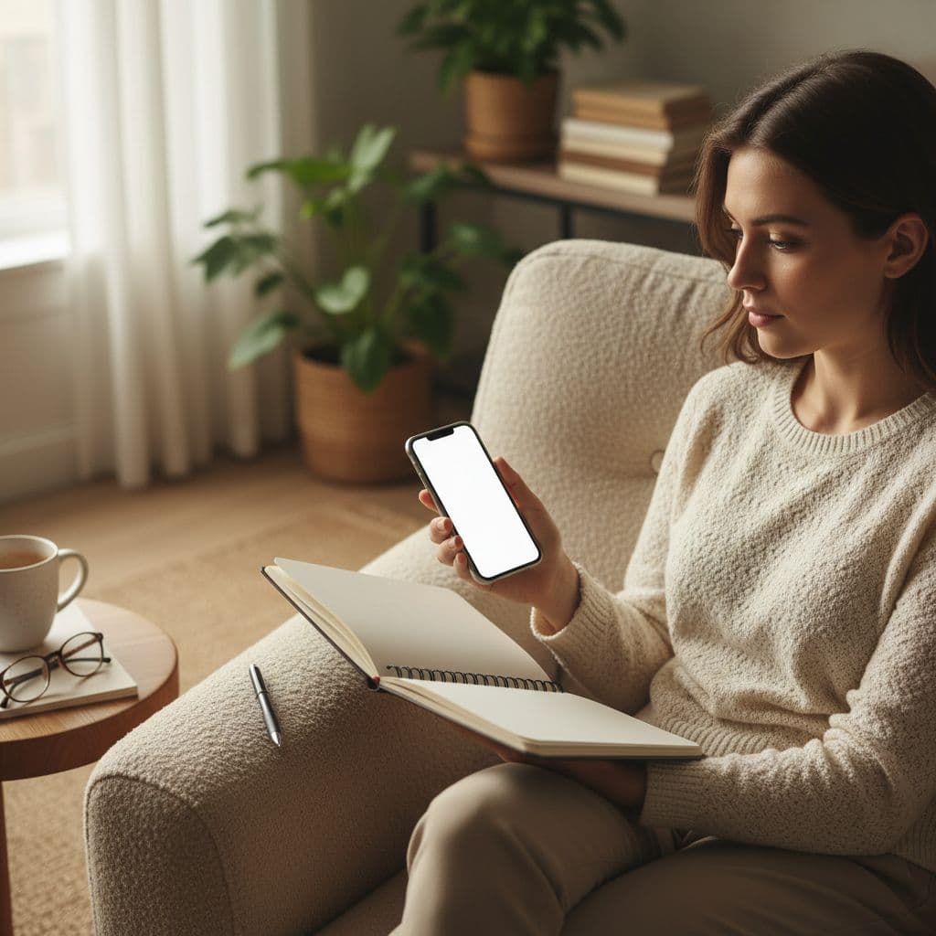 A person sits in an armchair holding a notebook and a smartphone to research keywords.