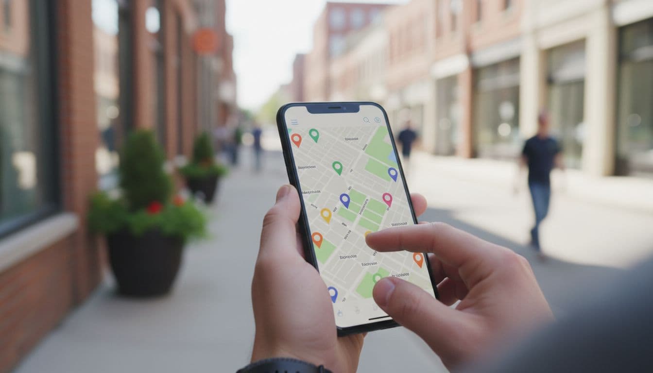 A close-up of hands holding a smartphone displaying a digital map in a bustling city.