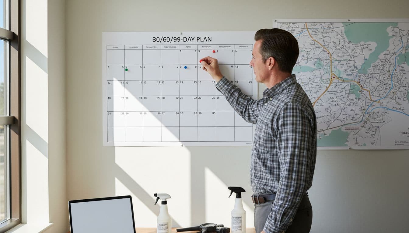 Pest control owner pins markers for 30/60/90 days on a wall planner in an office, with a local map nearby, in realistic daylight photo style.
