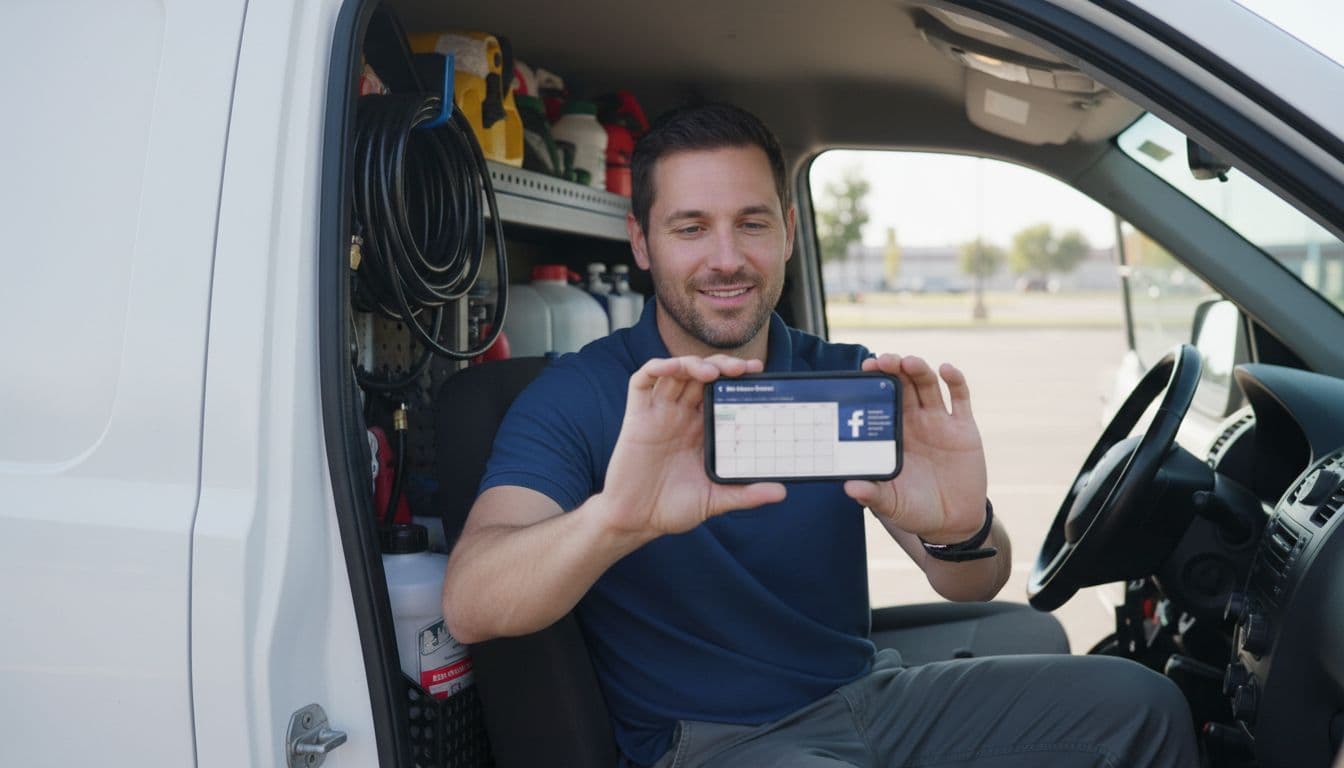A pleased 30-year-old pest control technician in his van checks his phone for new leads from Facebook ads, with a blurred calendar app on screen and service tools in the background, set in a daylight parking lot.