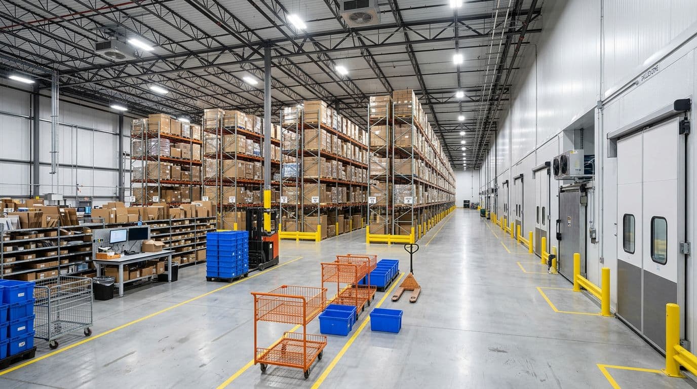 Photorealistic landscape image of diverse warehouse types: small e-commerce room on left, long aisles in center, multi-temperature zones on right with chilled doors, subtle zone labels, empty carts and totes, bright industrial lighting, no people, no readable text or logos.