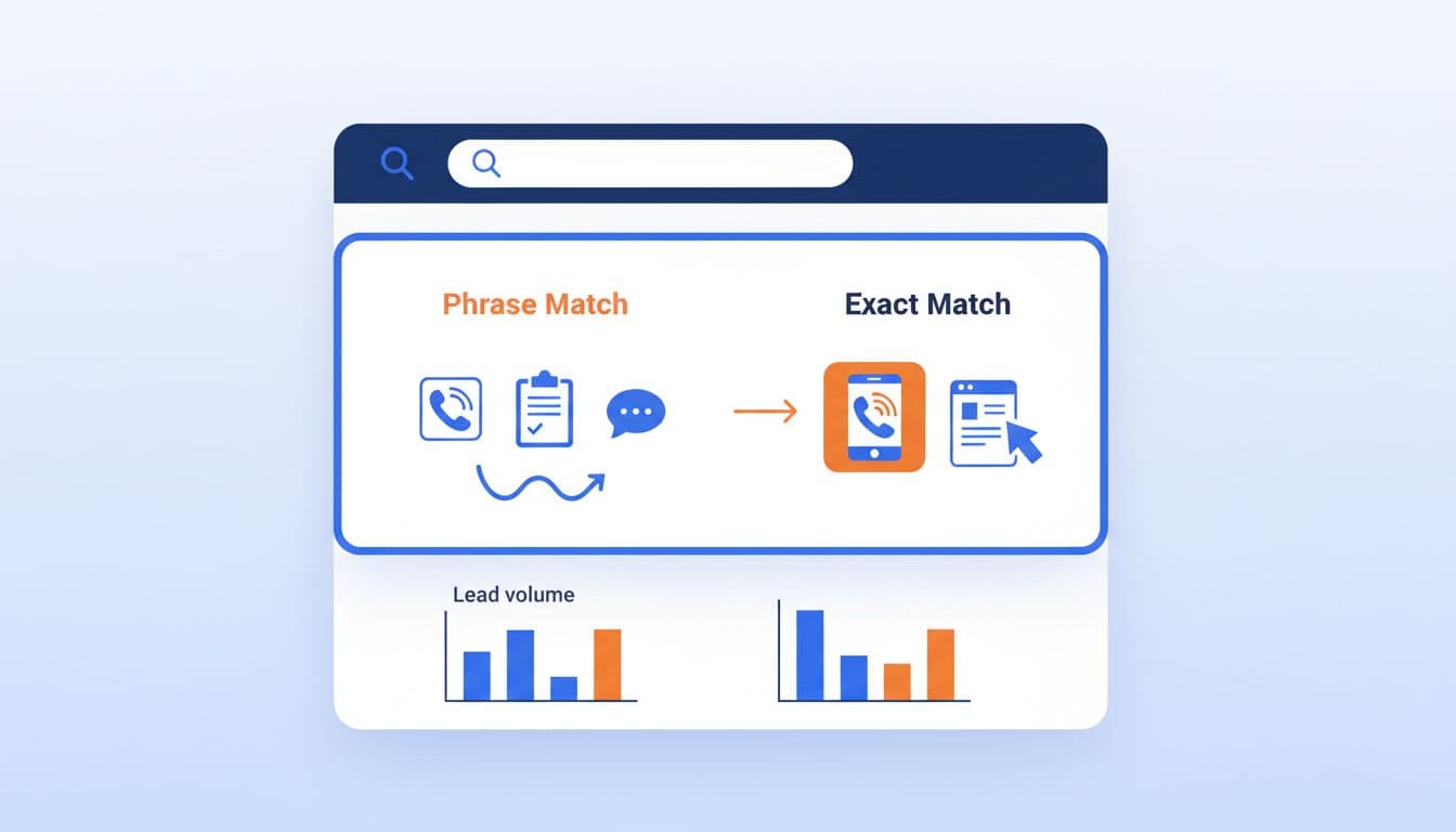 Clean modern SaaS-style illustration depicting phrase and exact match keywords for plumber service queries on a search results page, featuring lead quality icons like phone calls and forms in blue, white, and orange colors.