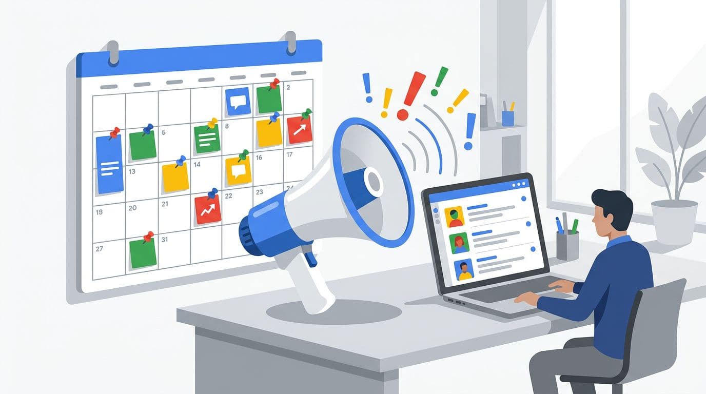 Modern office scene with a calendar featuring pinned posts, a megaphone announcing updates, and a laptop displaying a social media feed, in clean flat-vector style with Google colors, high contrast, and subtle 3D depth, featuring exactly one person.