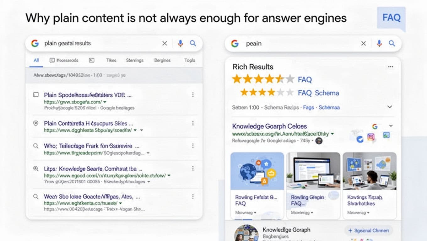 Side-by-side Google-like SERP showing plain text links on the left versus rich results with star ratings, FAQ schema, knowledge graph, and carousel on the right, in a clean modern design.