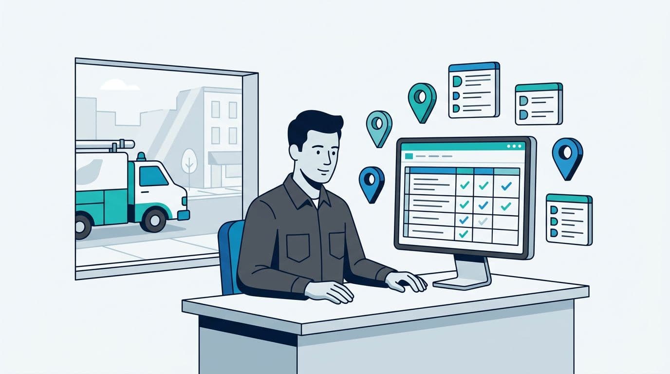 A plumber sits at a desk reviewing a spreadsheet checklist of NAP data for local citations, with floating map pins and directory icons nearby, and a service truck visible outside the window. Minimalist vector style with subtle 3D accents in high-contrast blues, teals, and charcoal on a light background.