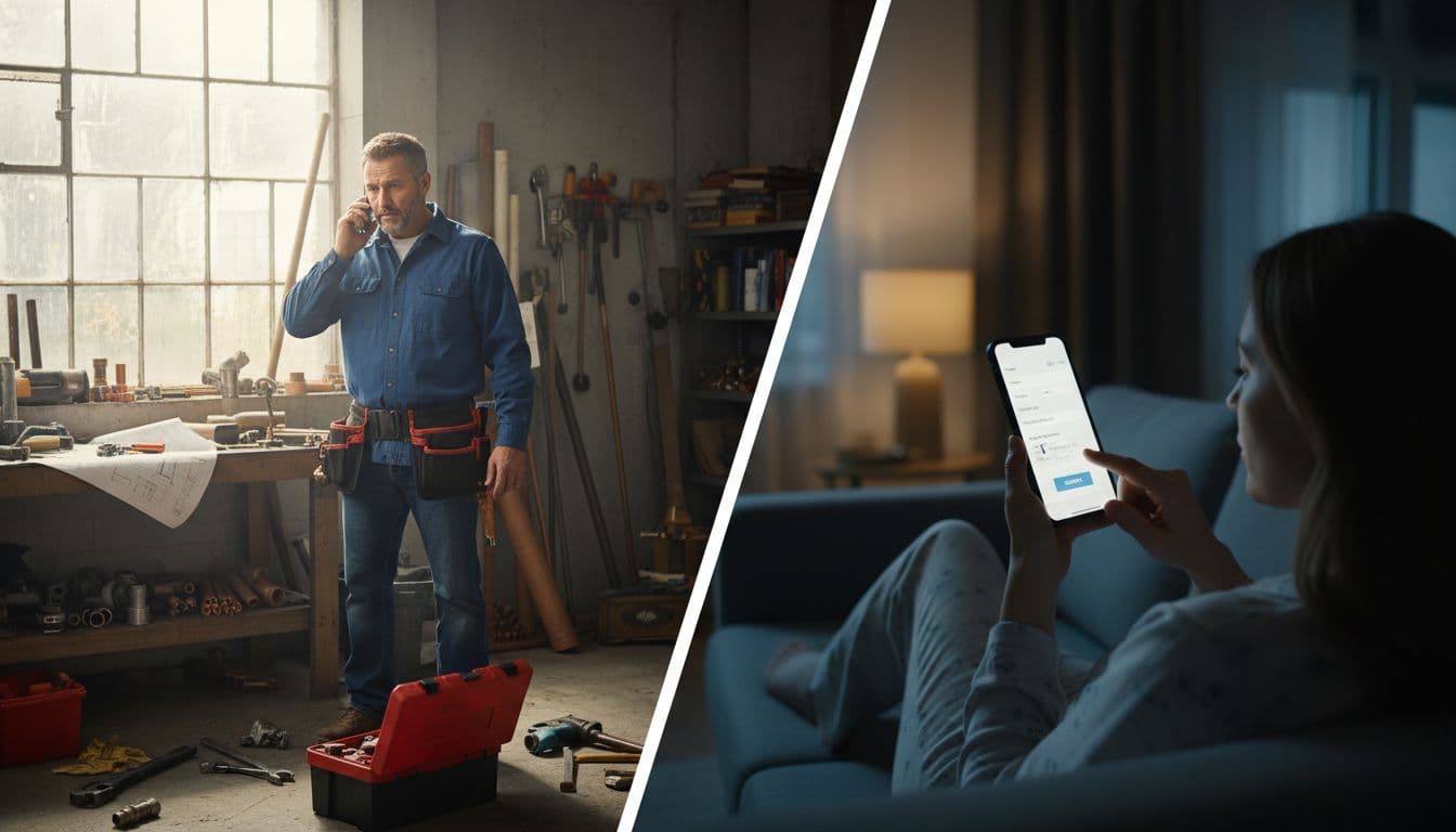 Split scene contrasting a plumber receiving a daytime phone call in a workshop with tools around, and a nighttime website form submission on a phone; realistic style with natural lighting differences, exactly two people, no interaction.