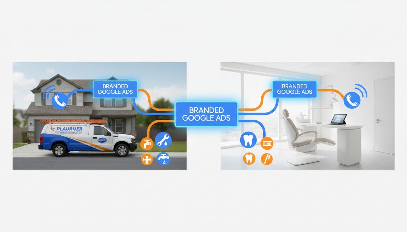Split-scene marketing illustration of plumber truck and dental office receiving branded Google Ads leads with phone icons and flow arrows, modern digital advertising for local services.