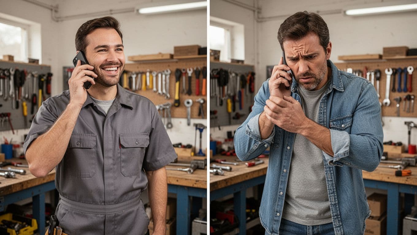 Side-by-side in workshop: happy plumber talking on phone left, frustrated owner hanging up right.