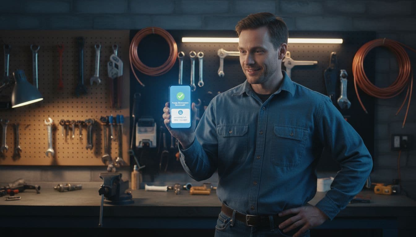 A plumber in a workshop setting with tools checks his phone notification for an instant lead from Google Ads, displaying lead form submission success and incoming call asset; photorealistic with dynamic lighting.