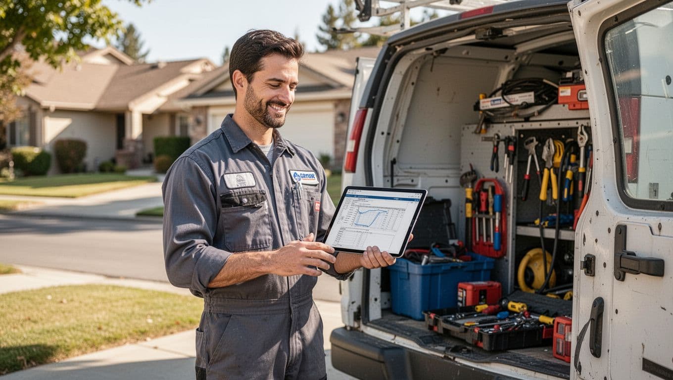 Plumber in uniform holds tablet outside service van on sunny suburban street with tools in background.
