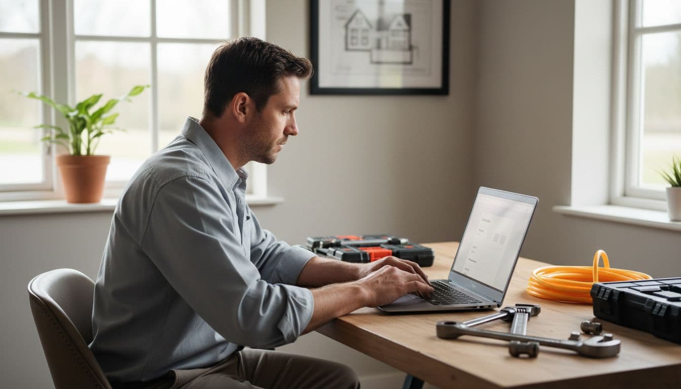 A plumber in a home office with plumbing tools nearby types details like service areas and photos into their Google Business Profile on a computer under bright indoor lighting.