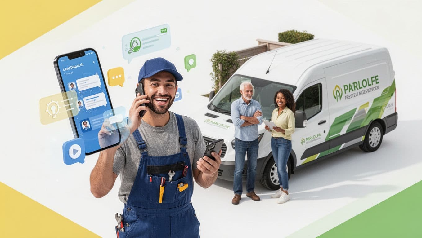 An isometric illustration of a plumber on a phone call receiving a lead dispatch from a happy diverse homeowner, with floating phone and notification icons, service van parked nearby, in a clean modern editorial style with bright lighting and yellow-green accents on white background.