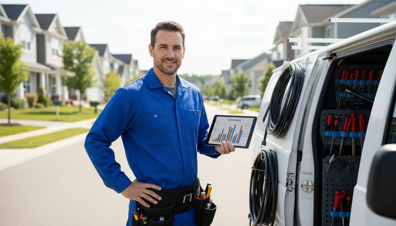 A confident local plumber in work uniform stands in front of a van with tools, checking a tablet displaying ad performance graphs, set in a modern suburban neighborhood with natural daylight lighting.