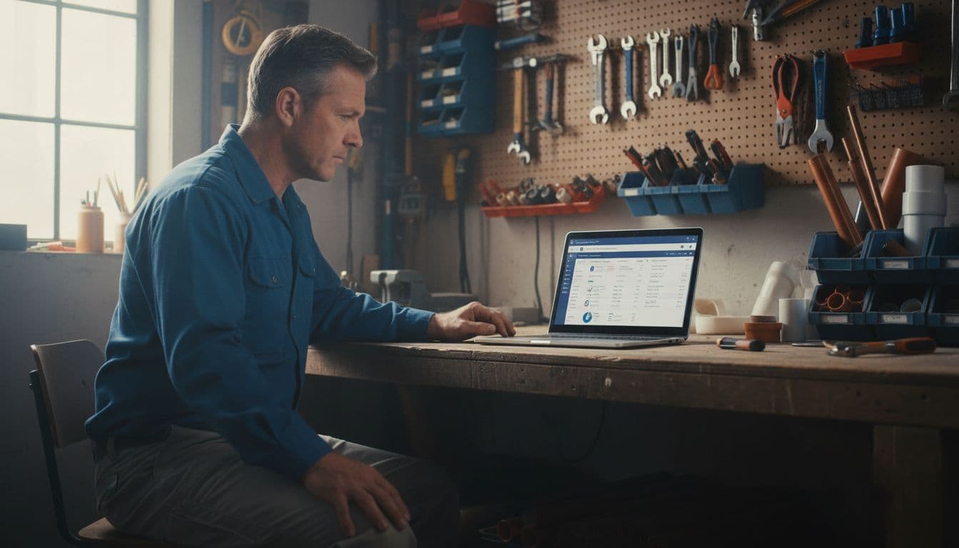 A middle-aged local plumber business owner sits focused at a wooden desk in his workshop, reviewing the Facebook Ads Manager dashboard on his angled laptop with tools and pipes in the background under natural daylight.