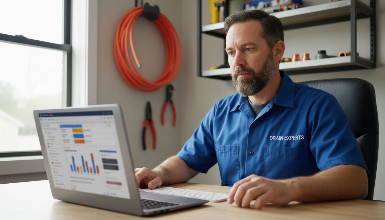 Mid-40s man in work shirt sits at desk viewing blurred Google Ads dashboard on laptop in small office with tools shelf.