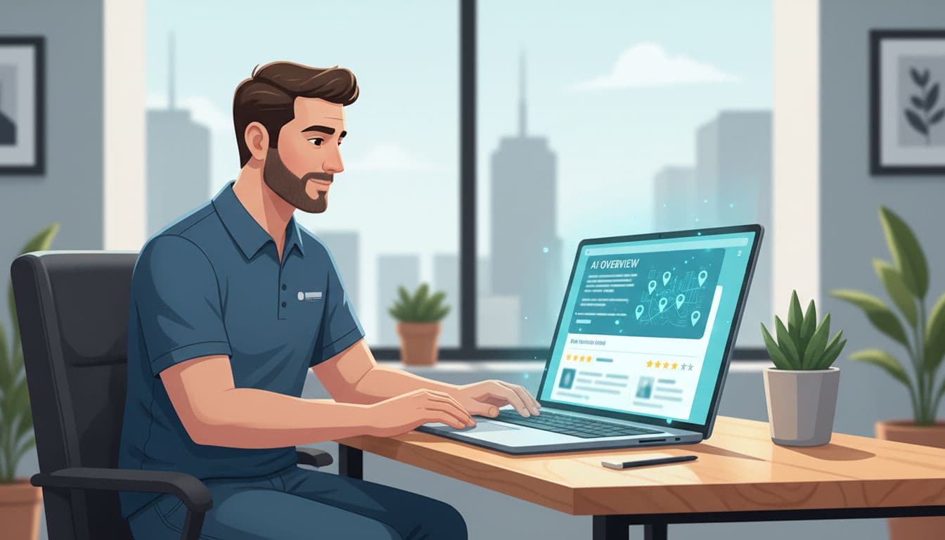 Modern professional illustration of a service business owner like a plumber reviewing AI Overviews on a laptop in an office, with subtle Google AI summary interface and local map pins in blue teal palette.