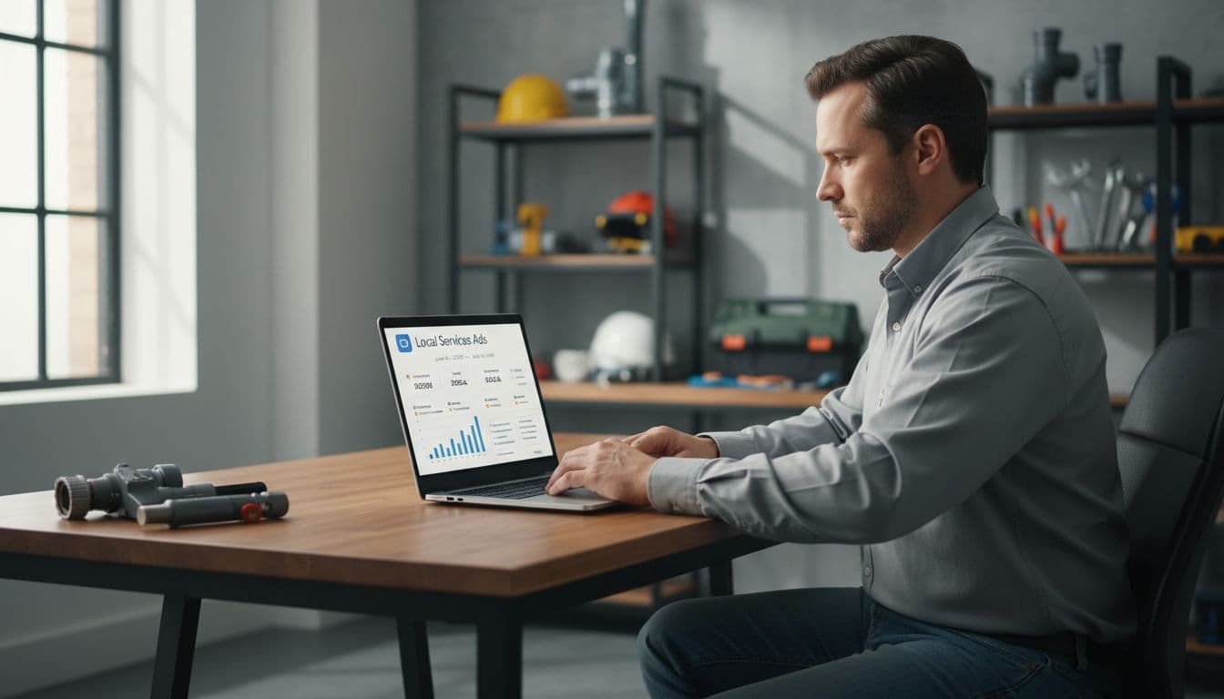 A home service business owner portrayed as a plumber checks the Local Services Ads dashboard on a laptop in a modern office with tools in the background and natural daylight lighting.