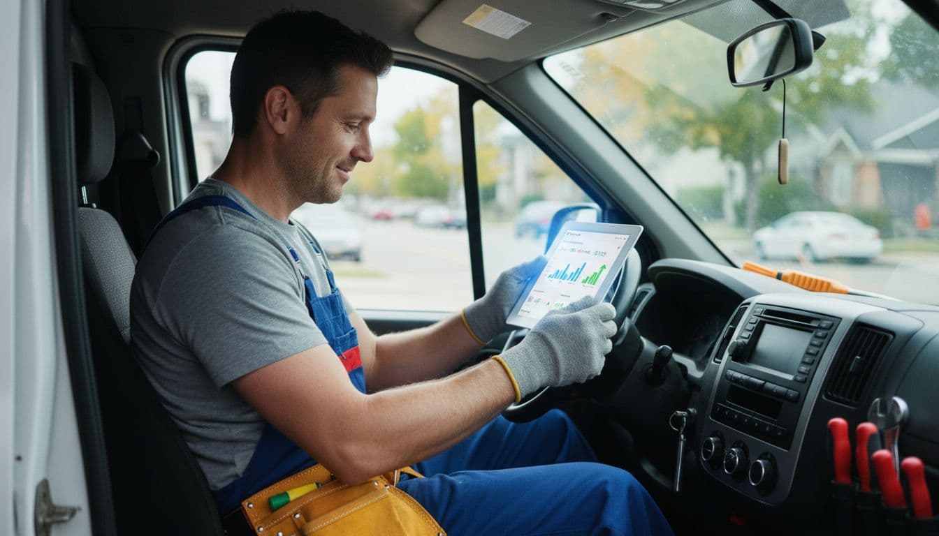 A plumber in his work van examines the Microsoft Ads dashboard on a tablet for new leads, displaying a satisfied expression amid a busy suburban street under natural daylight.