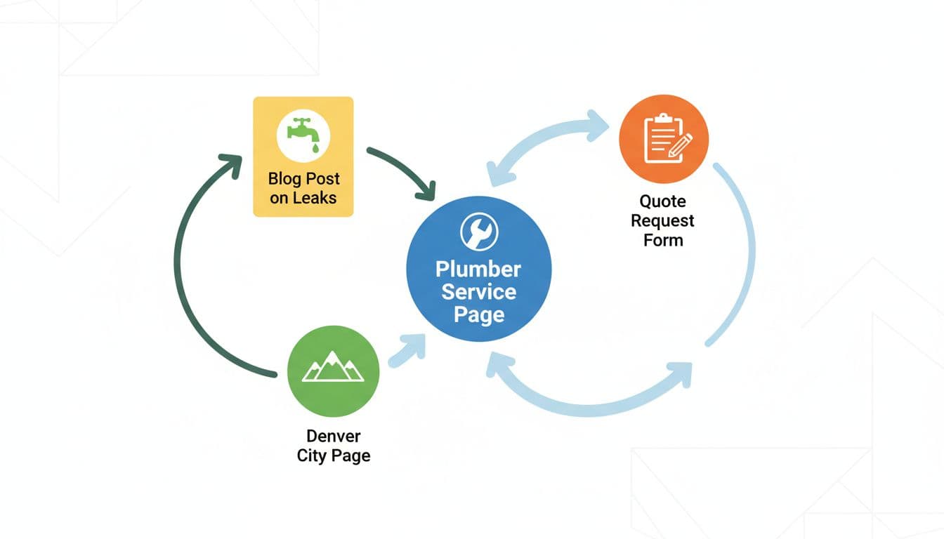 Clean modern high-contrast illustration of a central plumber service page as a hub with arrows linking to Denver city page, leaks blog post, and quote request form, in professional blog style with no text or people.
