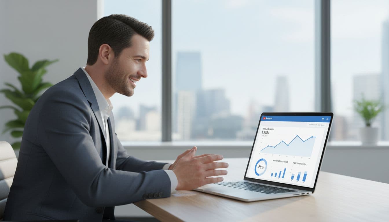A plumber business owner in a modern office excitedly reviews a YouTube ads dashboard on his laptop, displaying graphs of leads, phone calls, and booked appointments in a realistic B2B scene with subtle blue tones and natural lighting.