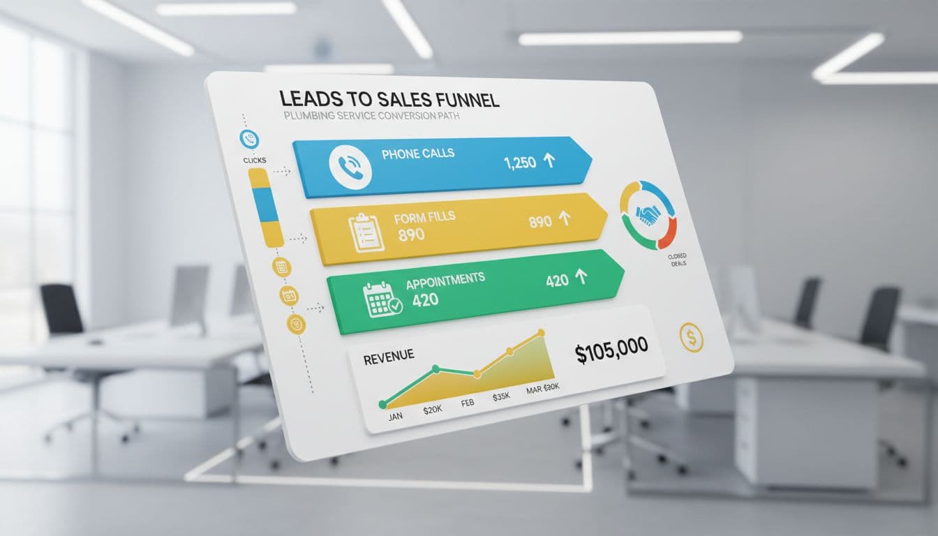 Clean modern analytics dashboard displaying leads to sales funnel for plumbing service, featuring phone calls, form fills, appointments, and revenue graphs in infographic style at an angle on a desk with bright lighting, no people, text, or watermarks.