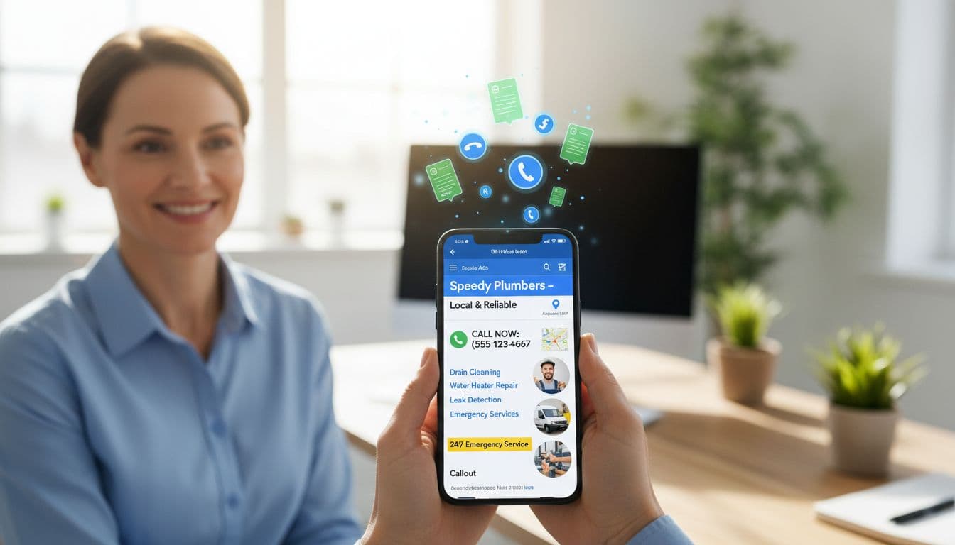 A smiling business owner holds a mobile phone in a bright office, displaying a responsive Google Ads search ad for a local plumbing service with ad assets like sitelinks, 24/7 callouts, prominent phone number, location pin, and plumber images, surrounded by rising call icons and lead forms.