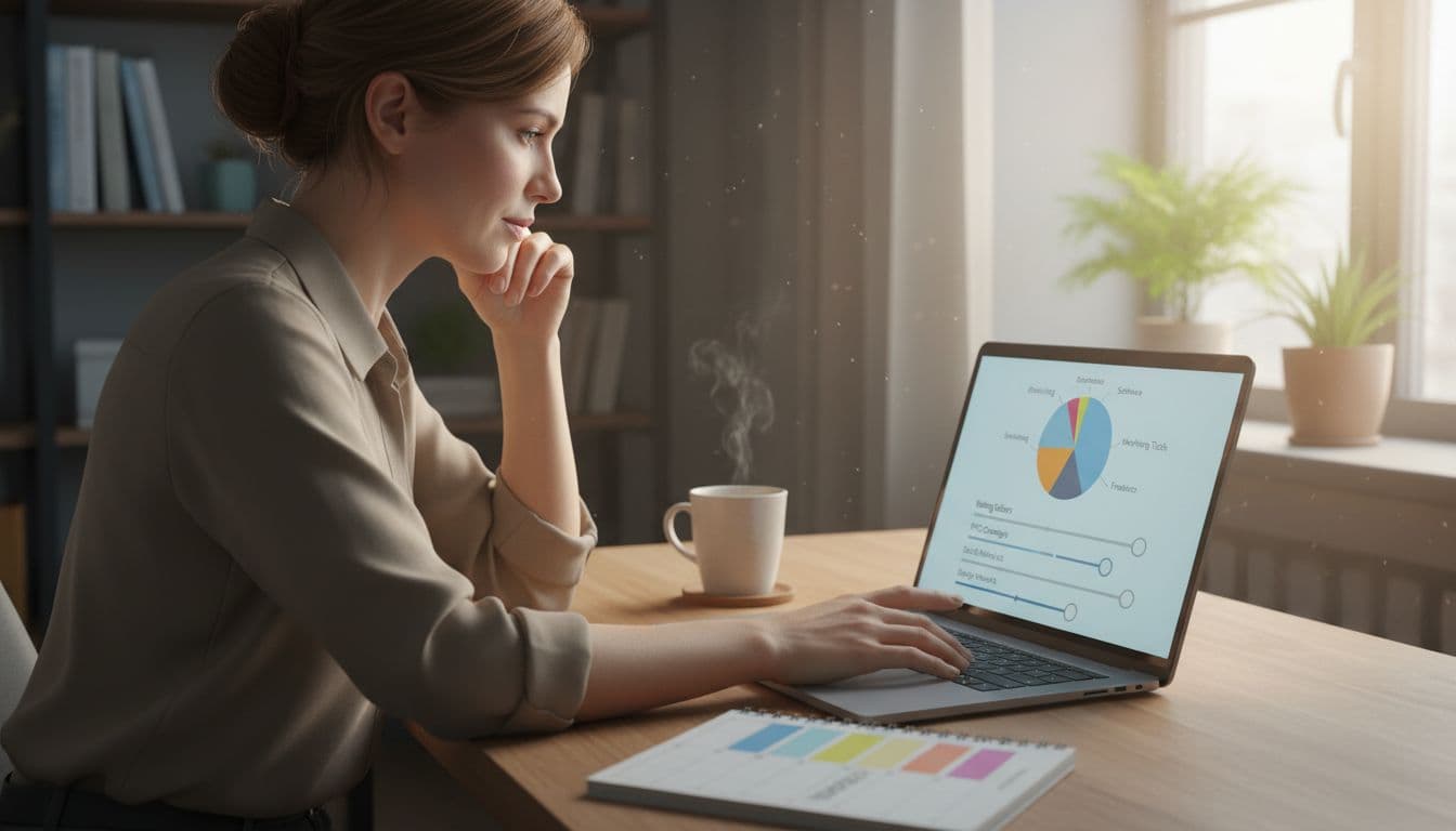 Service business owner relaxes while adjusting bidding sliders on a laptop screen showing a detailed budget pie chart in a home office with coffee mug, calendar, and soft window light.