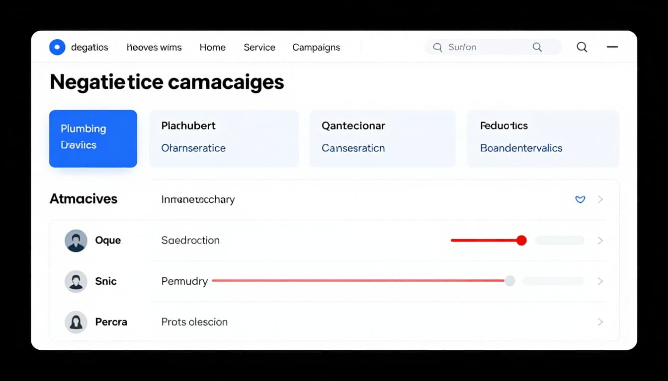 Clean professional marketing visual of a PPC dashboard showing negative keywords list blocking irrelevant home services searches like plumbing and HVAC, with red-highlighted wasted terms in search query reports using a blue-white-gray palette.