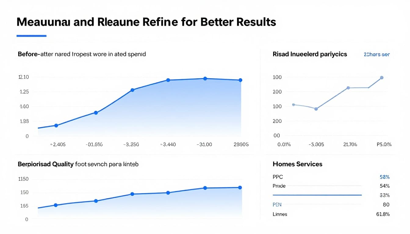 Analytics chart displaying before-and-after ad performance improvements from negative keywords, featuring a drop in wasted spend and rise in lead quality for home services on a clean PPC metrics dashboard.