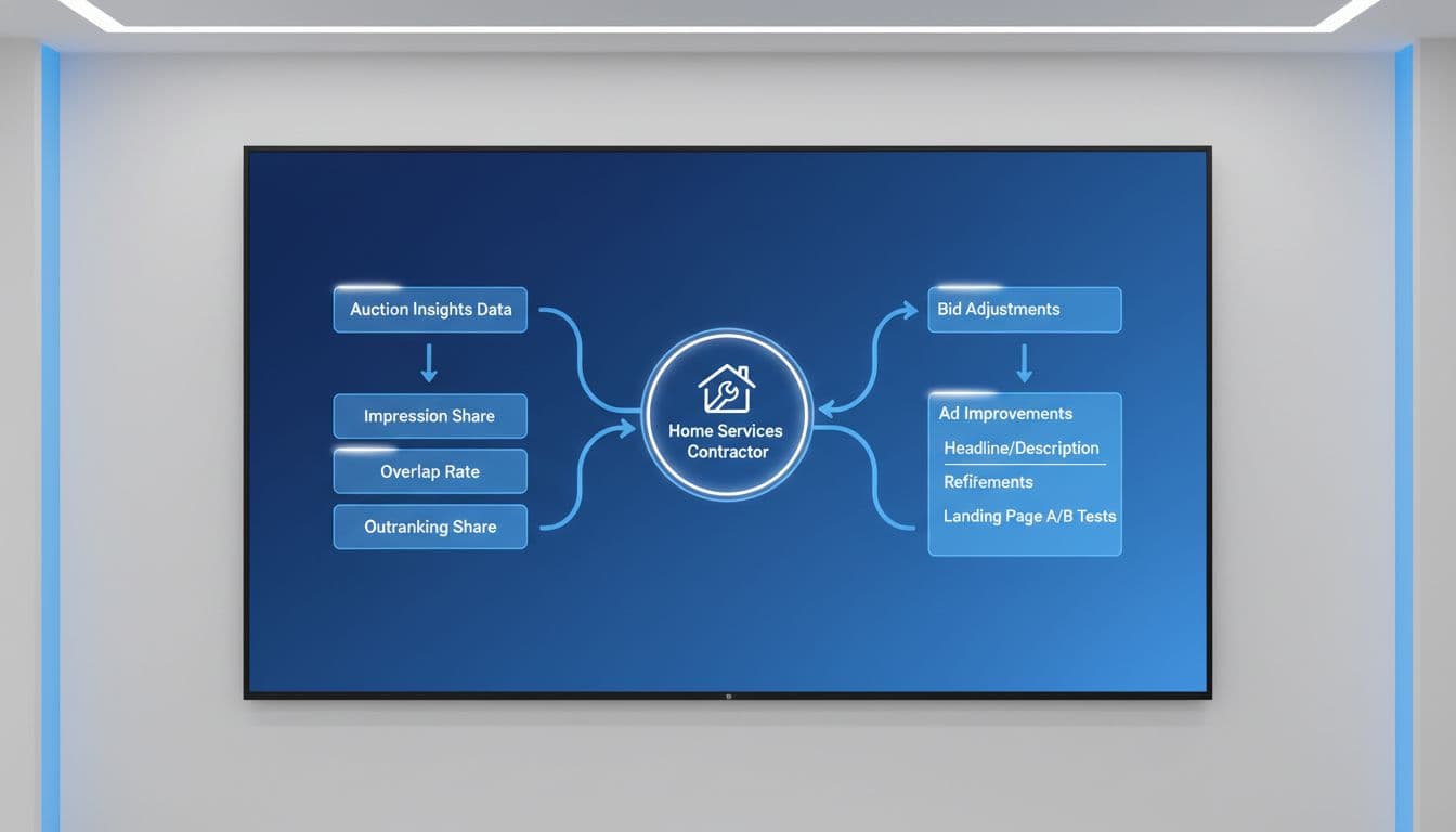 Wall-mounted screen in meeting room shows flowchart of PPC workflow from auction metrics to bid adjustments and ad improvements, blue-white accents.